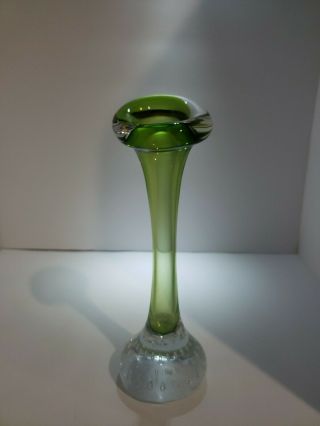 Hand Blown Art Glass,  Green Bud Vase With Controlled Bubble Base