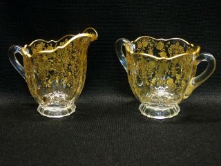 Antique/vintage Cambridge Rose Point Gold Encrusted Glass Creamer & Sugar Set