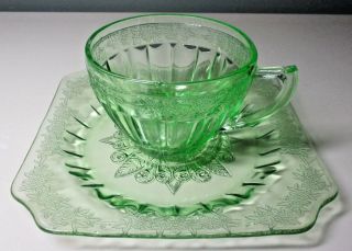 Jeannette Glass Co.  Depression Glass " Adam Green " Round Cup & Square Saucer
