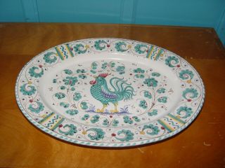 Deruta Italy Rooster Design Oval Platter 14 " Tiny Chip Teal