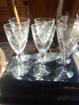 6 Crystal Noritake Sasaki Bamboo Etched Wine Glasses.  7 ".