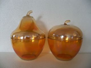 Giant Pear & Apple Containers By Jeannette Mid Century/art Deco Carnival Glass