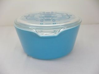 Vintage Pyrex Blue Casserole Dish w/Patterned Lid 4