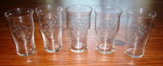 Vintage Small Cordial Juice Glasses - Etched Grape Clusters - Set Of 5 - 3 - 3/4 " X 2 "