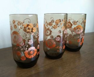 Set Of 3 Vintage Retro Sunset Flowers Floral Glass Drinking Tumblers Brown Amber