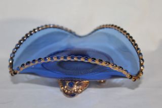 Vintage 1897 Us Glass Colorado Pattern Footed Triangle Nappy Cobalt Blue W/ Gold