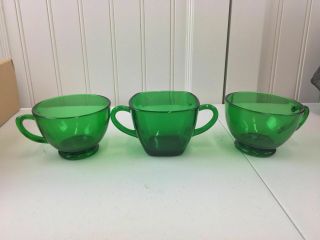 Vintage Green Depression Glass 2 Coffee Tea Cups 1 Sugar Bowl