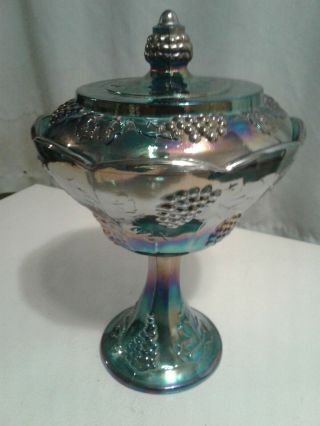 Vintage Indiana Carnival Glass Blue Covered Compote Candy Dish Harvest Grape