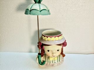 Vintage Thames Lady Head Vase: Girl With Pigtails & Green Parasol Umbrella 52131