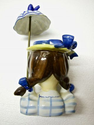 Vintage Napco Lady Head Vase: Girl with Pigtails & Blue Parasol Umbrella 98 3