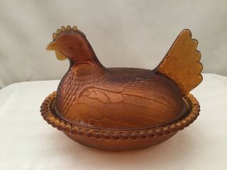 Vintage Indiana Amber Glass Hen Chicken On A Nest Covered Dish Beaded