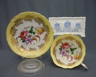 Wide Paragon England Bone China Yellow & Gold & Pink Roses Tea Cup & Saucer Duo