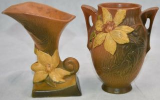 Vintage Roseville Pottery Clematis Brown Cornucopia 190 - 6 And Vase 102 - 6