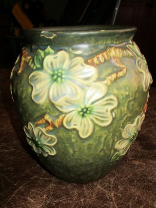 Antique Roseville Pottery Green Dogwood Textured Vase 6.  5in Old R Rim Chip