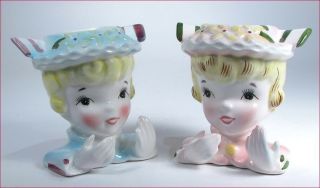 2 Small Enesco Girl Head Vases With Card Holders