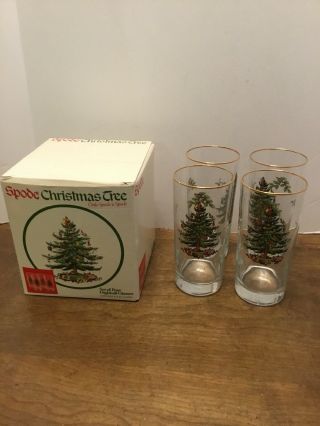 Set Of 4 Spode Christmas Tree Highball Glasses 6.  25” Tall Gold Rim