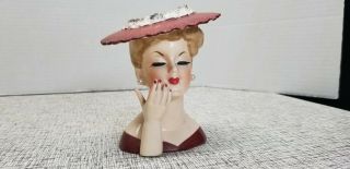Vintage Napco Napcoware Maroon Dress Hat Lady Head Vase Pearls Eyelashes