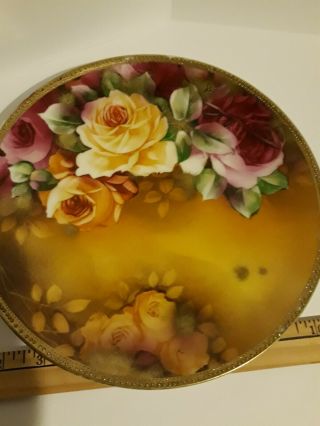 Nippon Hand Painted Red Yellow Roses With Heavy Gold Plate Wall Decor 9 " Beaded