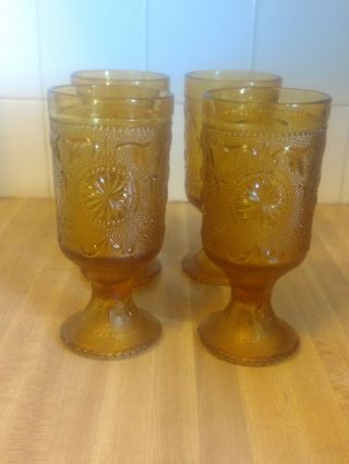 4 Indiana Tiara Sandwich Glass Amber Ice Tea Water Footed Daisy Goblet Vintage