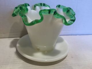 Vintage Fenton Green Emerald Crest Milk Glass Pot,  Planter