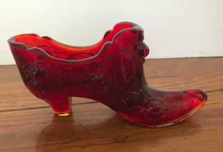 Vintage Fenton Ruby Red Glass Cabbage Rose Shoe Slipper Heel Boot