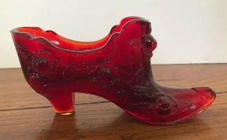 Vintage Fenton Ruby Red Glass Cabbage Rose Shoe Slipper Heel Boot 2