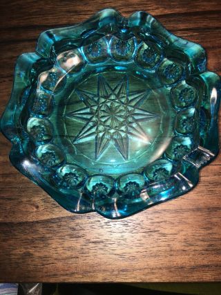 Vintage Le Smith Glass Blue Moon & Stars Ashtray Bowl Retro Art Glass 8 - 1/4”