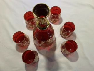 Vintage Murano Glass Red & Gold Lustre Set of Decanter and Six Glasses 2