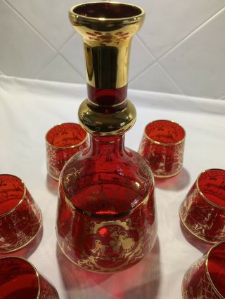 Vintage Murano Glass Red & Gold Lustre Set of Decanter and Six Glasses 3