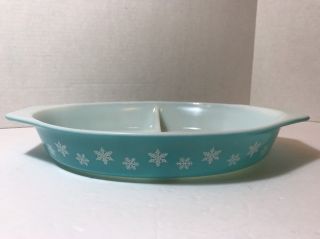 Vintage Pyrex Turquoise Snowflake Divided 1 1/2 Quart Casserole Dish