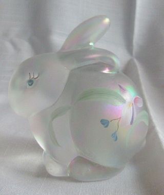 Fenton Art Glass Hand Painted Artist Signed Opalescent Bunny Rabbit Figurine