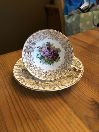 Vintage Aynsley England Bone China Tea Cup & Saucer Set Gold Ornate / Rose