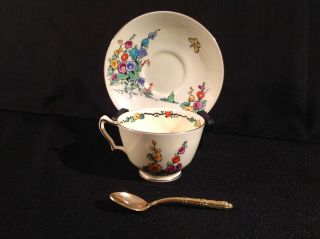 Crown Staffordshire Hollyhock Yellow One (1) Footed Tea Cup Saucer Set & Spoon