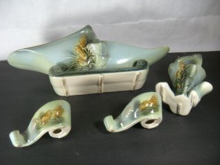 VINTAGE HULL PARCHMENT PINE CONE PLANTER 2 CANDLE HOLDERS and Vase 6