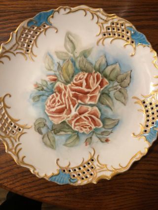 Rare Bavaria Gold Encrusted China Plate With Hand Painted Pink Flowers,  11 Inch
