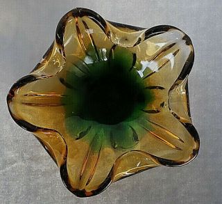 Vintage Retro Hand Blown Green Yellow Art Glass Dish / Ashtray