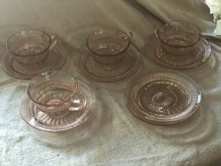 Vintage Set Of 5 Pink Depression Glass Tea Cups And Saucers