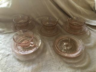 Vintage Set Of 5 Pink Depression Glass Tea Cups And Saucers 2