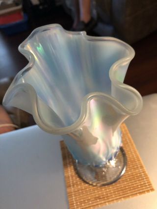 Fenton Glass Vase Blue Opalescent Iridescent Crest W/lily Of The Valley 7” Tall
