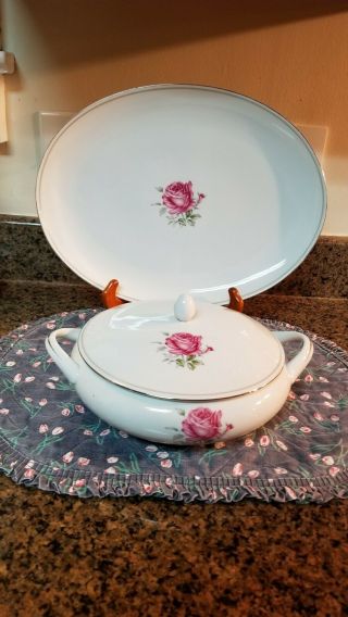 Imperial Rose,  Fine Porcelain China,  2pc Set,  Covered Serving Bowl & 14 " Platter