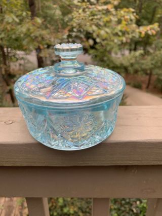 Imperial Glass Ice Blue Carnival Lidded Candy Or Powder Jar