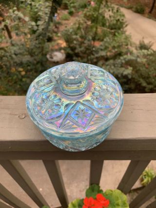 IMPERIAL GLASS ICE BLUE CARNIVAL LIDDED CANDY OR POWDER JAR 2
