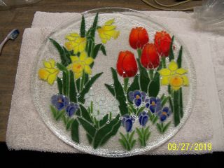 Peggy Karr Spring Flowers 14 " Large Round Platter,  Fused Glass,  Double Boxed