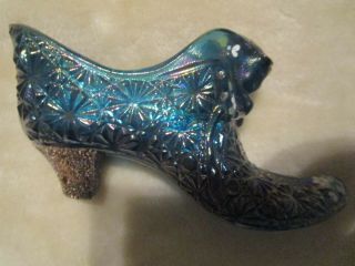Vintage Handpainted Signed Fenton Blue Art Glass Cat Head Hobnail Shoe
