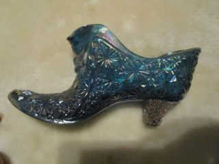 Vintage Handpainted Signed Fenton Blue Art Glass Cat Head Hobnail Shoe 2