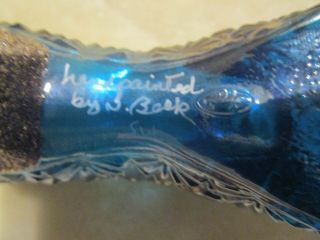 Vintage Handpainted Signed Fenton Blue Art Glass Cat Head Hobnail Shoe 5