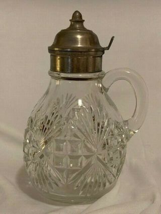 Victorian Antique Glass Syrup Dispenser Pitcher With Hinged Lid,  6.  75 "