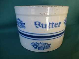 Antique Stoneware Blue Sponge Ware Butter Crock With Cover