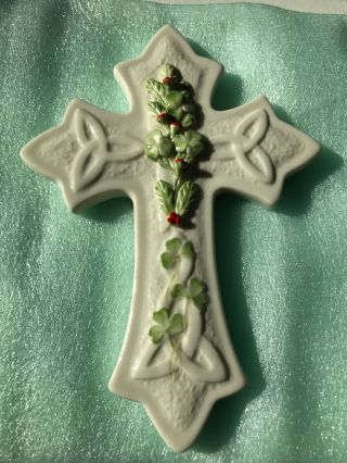Vintage Belleek Cross Holly And Shamrock Christmas 8” Wall Cross