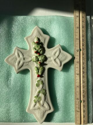 Vintage Belleek Cross Holly and Shamrock Christmas 8” Wall Cross 2